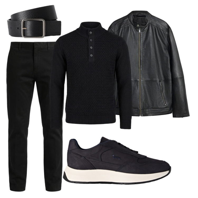 Outfit uomo - Total black. Stile Trendy per Tutti i giorni. Abbinamento con sneakers, cinture, pullovers, pantaloni, giacche.