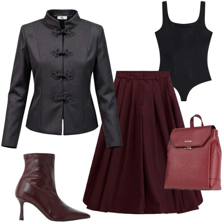 Outfit donna - Stile orientale. Stile Chic per Serata fuori. Abbinamento con blazer, pantaloni culotte, stivaletti, top, zaini.