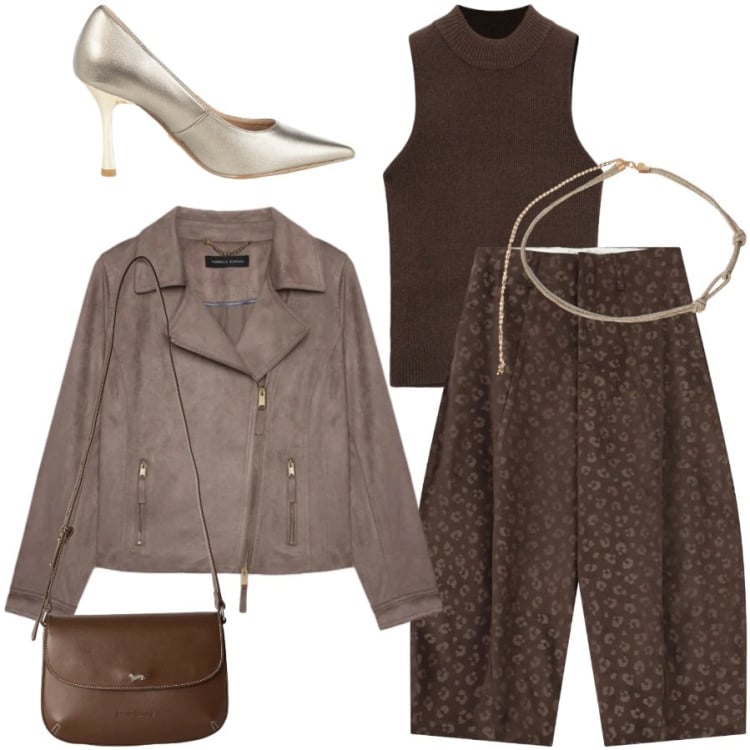 Outfit donna - Serata fuori con le amiche. Stile Casual chic per Serata fuori. Abbinamento con borse a tracolla, cinture, giacche, pantaloni, top, décolleté.