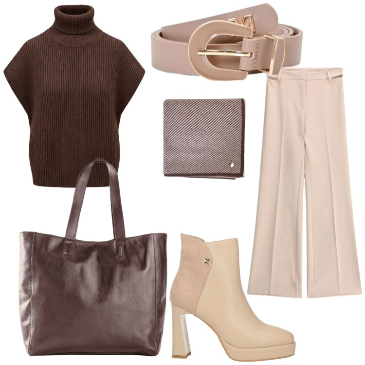 Outfit donna - Eleganti anche in ufficio. Stile Casual per Tutti i giorni. Abbinamento con maglieria, pantaloni, cinture, sciarpe, stivaletti, shopping bag.