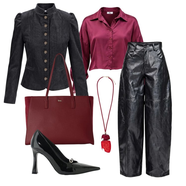 Outfit donna - Ottobre. Stile Trendy per Tutti i giorni. Abbinamento con pantaloni a palazzo, camicie, blazer, shopping bag, décolleté, ciondoli.