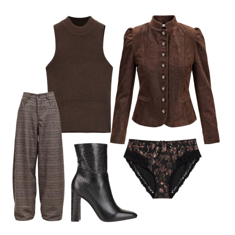 Outfit donna - Comfort quotidiano. Stile Casual chic per Ufficio. Abbinamento con pantaloni, blazer, top, stivaletti, culotte.