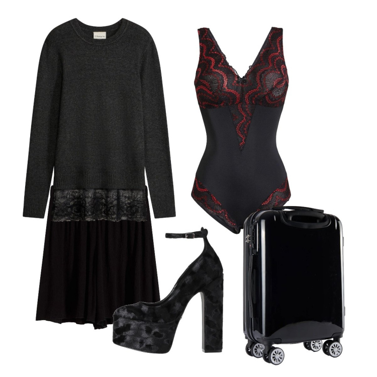 Outfit donna - Ottobre. Stile Sexy per Tutti i giorni. Abbinamento con valigie, décolleté, body, shorts, maglieria.