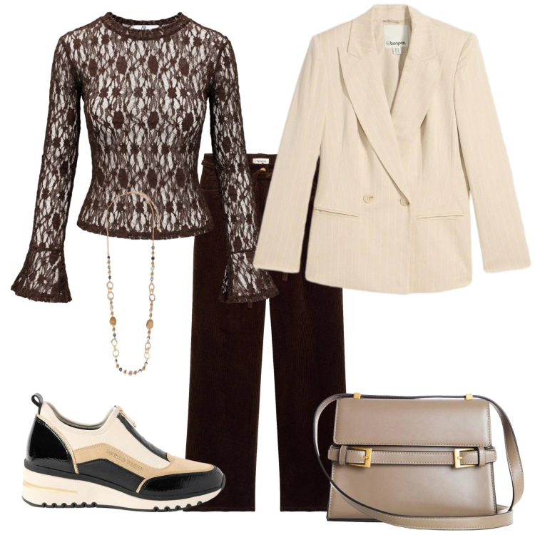 Outfit donna - Total look #2496437. Stile Casual chic per Serata fuori. Abbinamento con top, collane, sneakers, blazer, borse a tracolla, pantaloni.