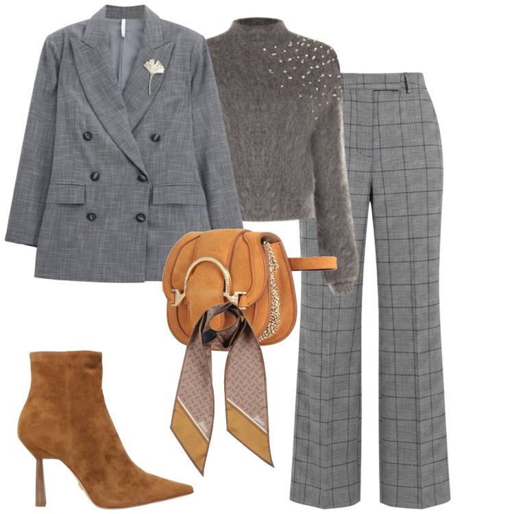 Outfit donna - City. Stile Casual chic per Tutti i giorni. Abbinamento con blazer, pantaloni, maglieria, marsupi, sciarpe, stivaletti.