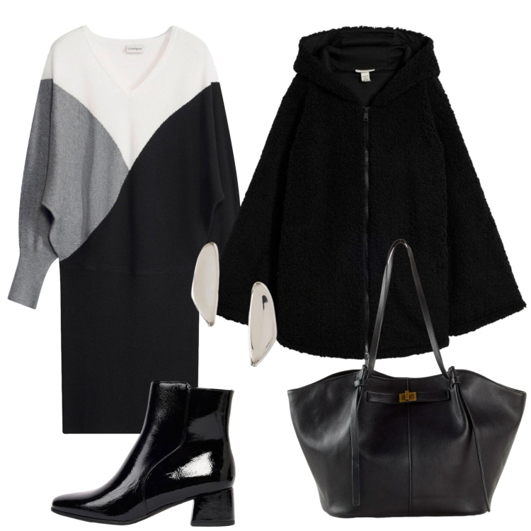 Outfit donna - Total look #2496439. Stile Chic per Serata fuori. Abbinamento con orecchini, vestiti corti, blazer, shopping bag, stivaletti.