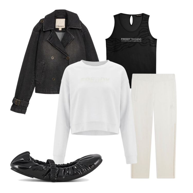 Outfit donna - in giro per commissioni. Stile Sporty chic per Tutti i giorni. Abbinamento con felpe, canottiere, pantaloni, ballerine, trench.