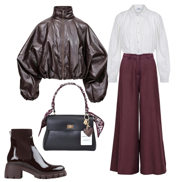 Outfit donna - Colori d'autunno. Stile Casual chic per Tutti i giorni. Abbinamento con pantaloni a palazzo, bomber, camicie, borse a mano, stivaletti.