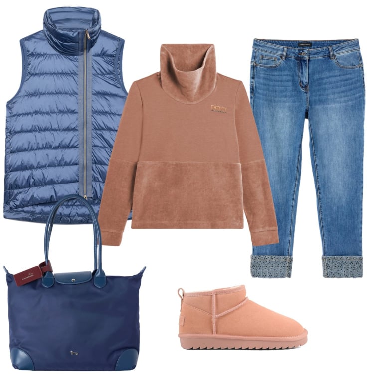 Outfit donna - La mia felpa preferita. Stile Casual per Tutti i giorni. Abbinamento con shopping bag, jeans skinny, piumini, felpe, stivaletti.