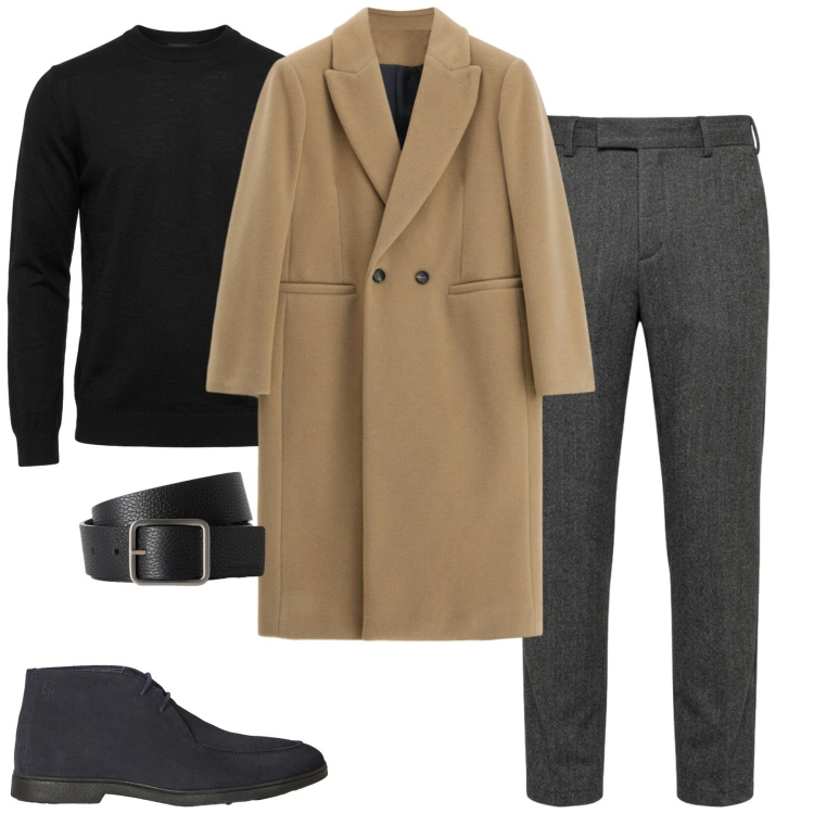 Outfit uomo - Il cappotto cammello. Stile Business/Elegante per Tutti i giorni. Abbinamento con cinture, pantaloni, stivali e stivaletti, maglieria, cappotti.