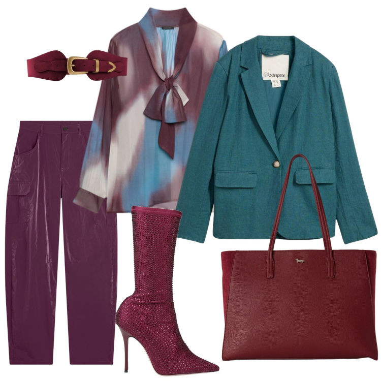 Outfit donna - Total look #2496446. Stile Chic per Serata fuori. Abbinamento con shopping bag, bluse, pantaloni cargo, stivali, blazer, cinture.