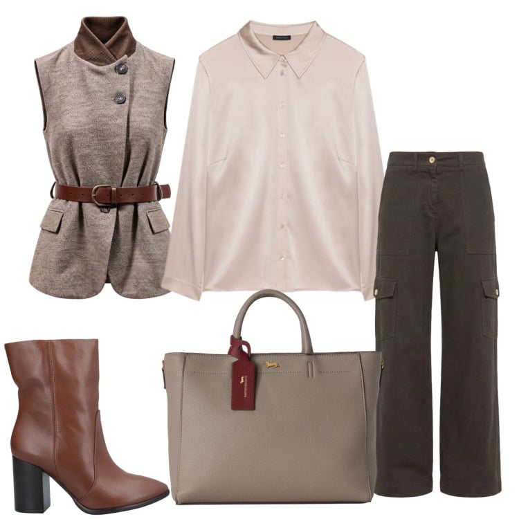 Outfit donna - Total look #2496447. Stile Casual chic per Ufficio. Abbinamento con gilet, pantaloni cargo, borse a mano, camicie, stivaletti.