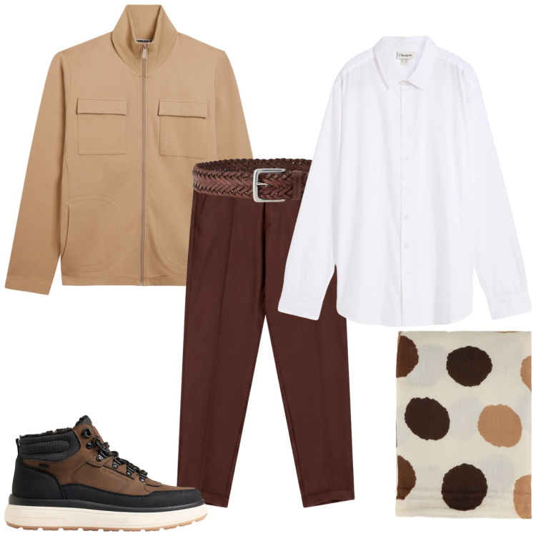 Outfit uomo - Total look #2496449. Stile Casual per Tutti i giorni. Abbinamento con sciarpe e foulard, pantaloni, cinture, felpe, camicie, stivali e stivaletti.