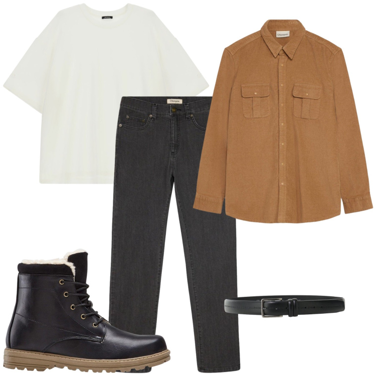 Outfit uomo - Total look #2496450. Stile Urban per Tutti i giorni. Abbinamento con cinture, t-shirt, stivali e stivaletti, jeans dritti, camicie.