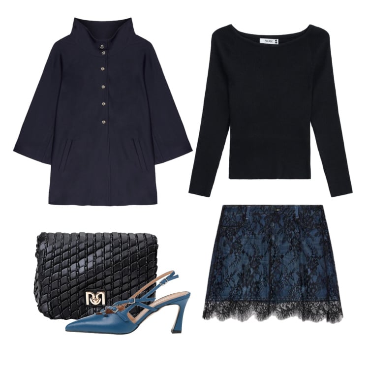 Outfit donna - Un po' di blu. Stile Glamour per Serata fuori. Abbinamento con blazer, minigonne, maglieria, borse a tracolla, décolleté.
