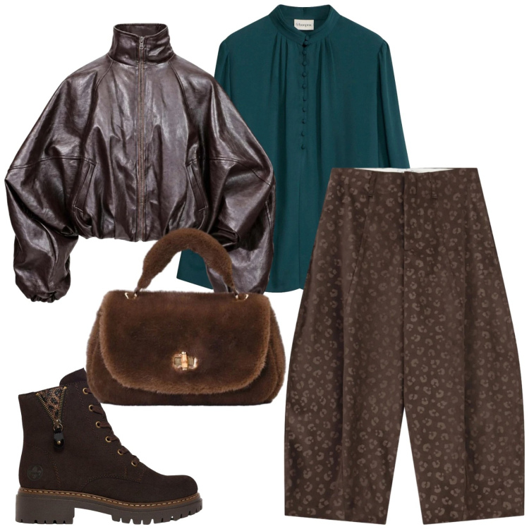 Outfit donna - Marrone. per Tutti i giorni. Abbinamento con bomber, pantaloni, borse a mano, stivaletti, bluse.
