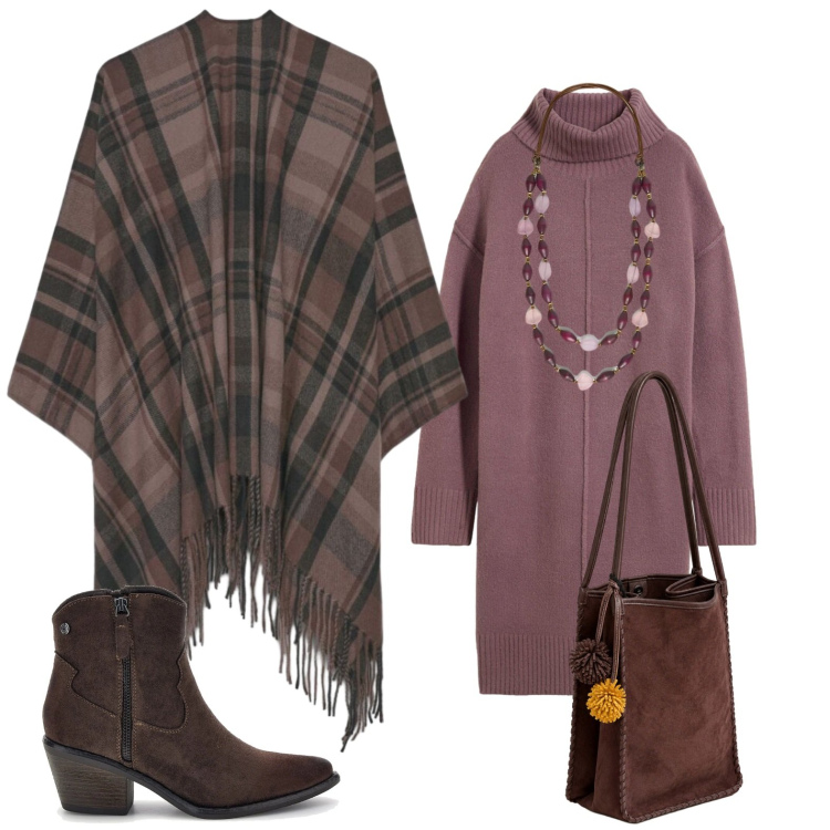 Outfit donna - Boho chic autunno. Stile Boho per Tutti i giorni. Abbinamento con collane, borse a spalla, cappe, stivaletti texani, vestiti.