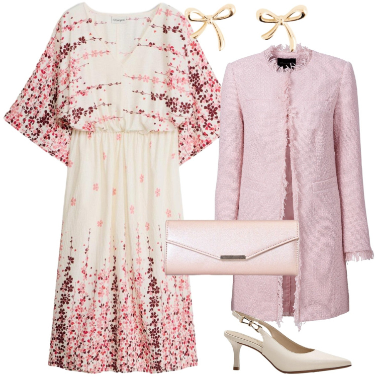 Outfit donna - Madrina di battesimo. per Cerimonia. Abbinamento con clutch, blazer, vestiti midi/longuette, décolleté, orecchini.