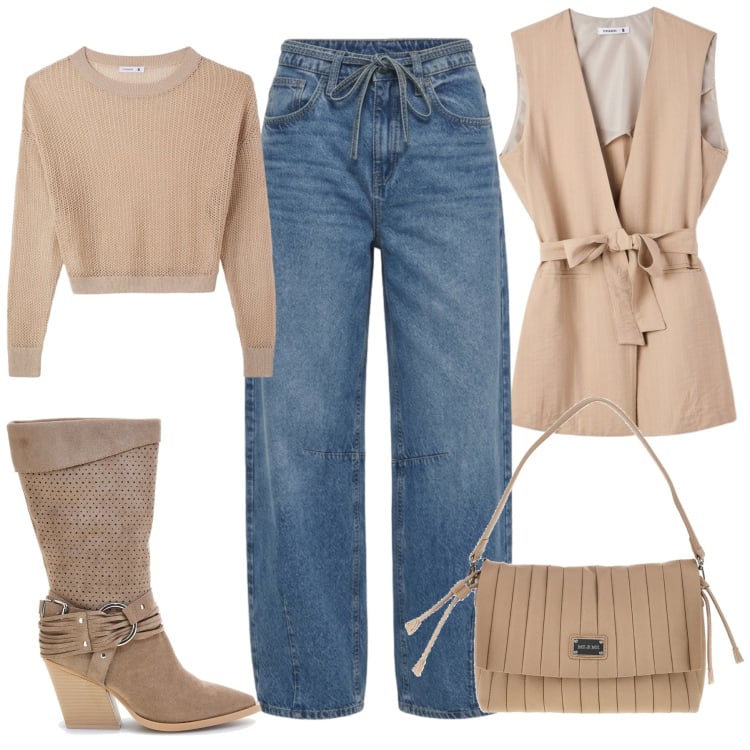 Outfit donna - Total look #2496465. Stile Casual chic per Tutti i giorni. Abbinamento con maglieria, gilet, jeans, stivaletti texani, pochette.