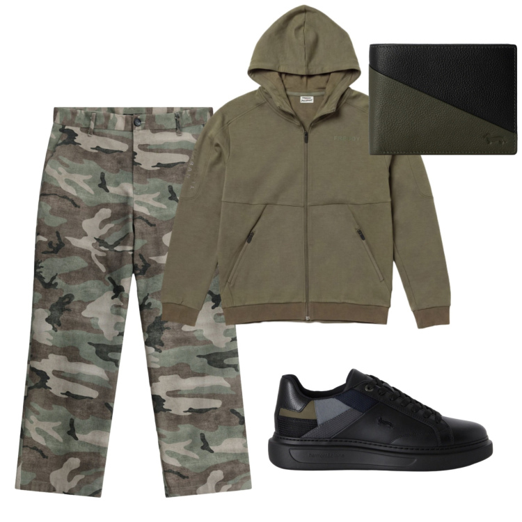 Outfit uomo - Outfit Streetwear Mimetico. Stile Casual per Tutti i giorni. Abbinamento con sneakers, portafogli, pantaloni, felpe con cappuccio.