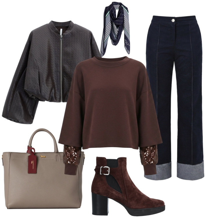 Outfit donna - Chic in felpa e jeans. Stile Casual chic per Tutti i giorni. Abbinamento con borse a mano, bomber, felpe, pantaloni, stivaletti chelsea, sciarpe.