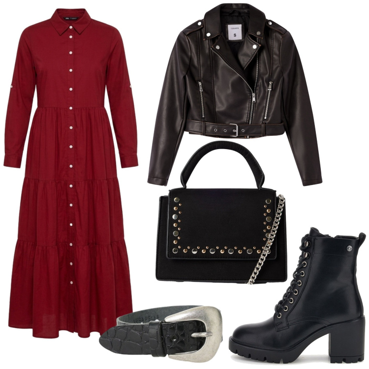 Outfit donna - Total look #2496470. Stile Rock per Tutti i giorni. Abbinamento con borse a tracolla, giacche, vestiti chemisier, braccialetti, anfibi.