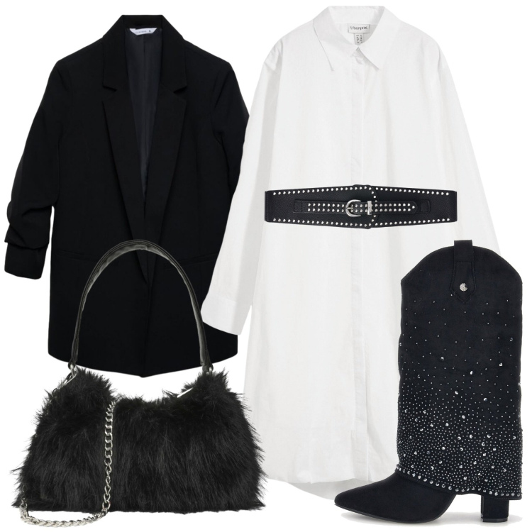 Outfit donna - Texani da sera. Stile Rock per Serata fuori. Abbinamento con cinture, blazer, borse a spalla, vestiti chemisier, stivaletti texani.