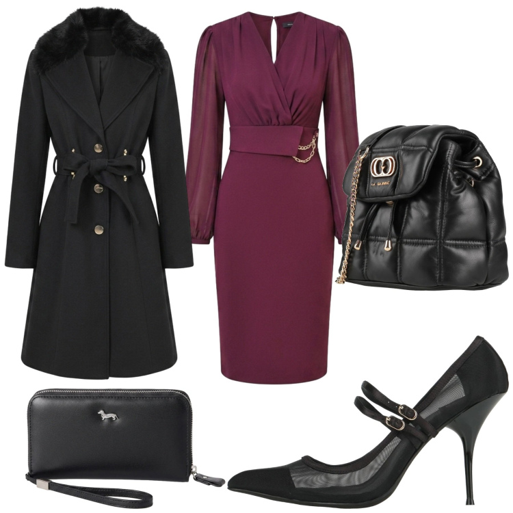 Outfit donna - Total look #2496472. Stile Chic per Serata fuori. Abbinamento con portafogli, vestiti midi/longuette, cappotti, décolleté, valigie.