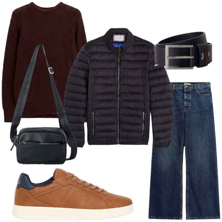 Outfit uomo - Weekend fuori porta. Stile Trendy per Tutti i giorni. Abbinamento con borse sportive, cinture, jeans, maglieria, piumini, sneakers.