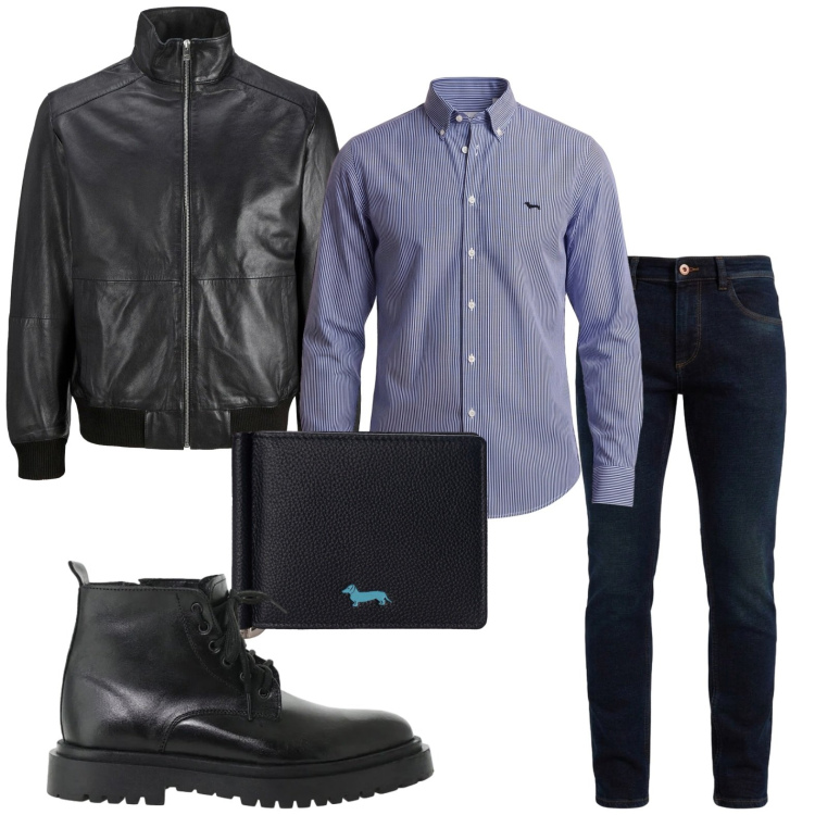 Outfit uomo - Denim & Leather. Stile Casual per Tutti i giorni. Abbinamento con portafogli, jeans slim fit, camicie, anfibi, giacche.