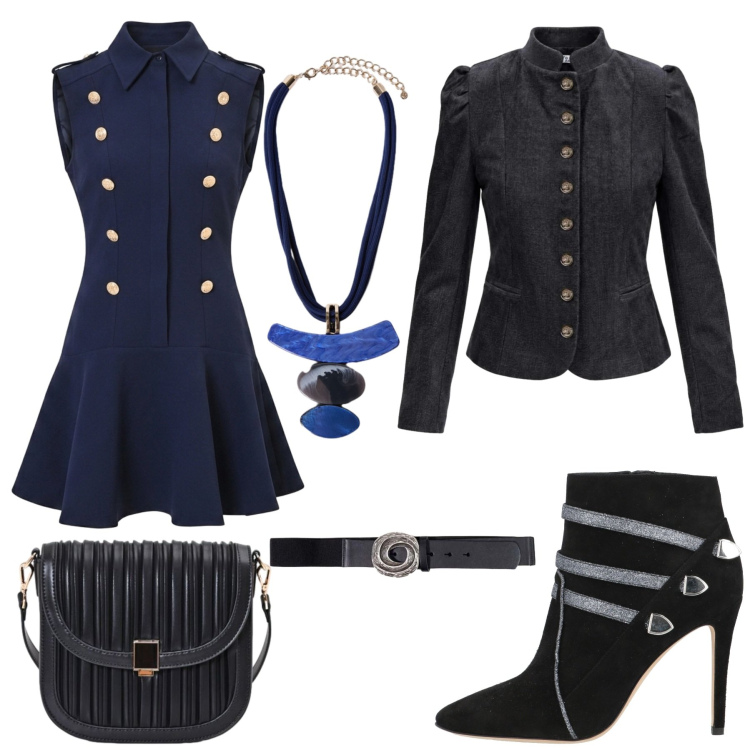 Outfit donna - Total look #2496476. Stile Sexy per Serata fuori. Abbinamento con cinture, blazer, ciondoli, borse a tracolla, vestiti corti, stivaletti.