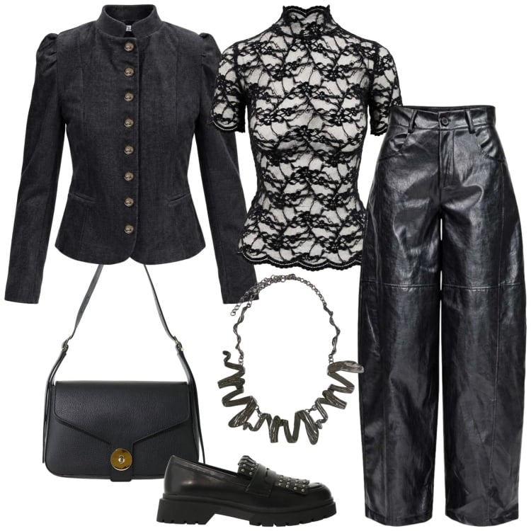 Outfit donna - Total look #2496477. Stile Rock per Serata fuori. Abbinamento con pantaloni a palazzo, blazer, top, borse a spalla, mocassini, ciondoli.