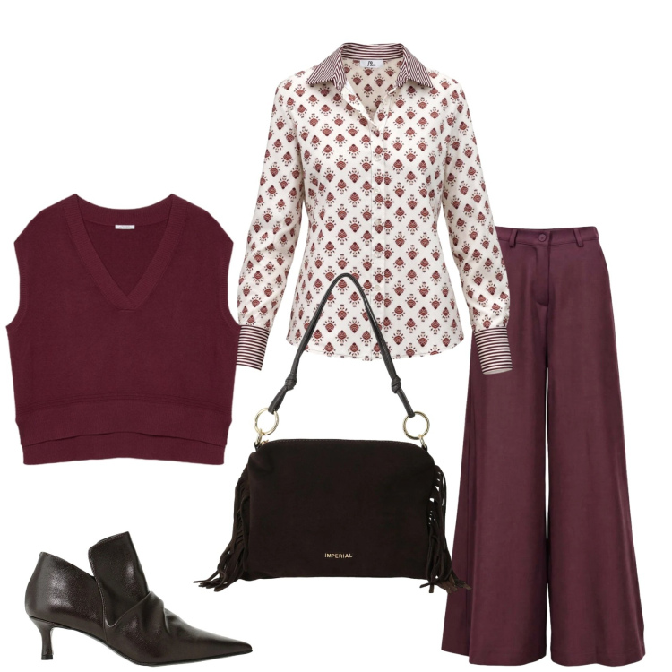 Outfit donna - Total look #2496478. Stile Trendy per Tutti i giorni. Abbinamento con pantaloni a palazzo, camicie, borse a spalla, stivaletti, maglieria.