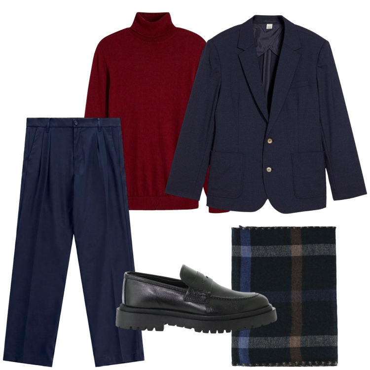 Outfit uomo - Completo destrutturato. Stile Trendy per Ufficio. Abbinamento con pantaloni, scarpe stringate, sciarpe, maglieria, giacche.