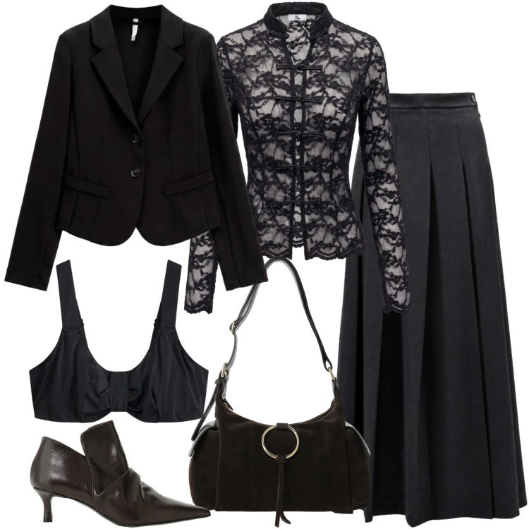 Outfit donna - Total look #2496481. Stile Glamour per Serata fuori. Abbinamento con gonne lunghe, top, blazer, stivaletti, borse a spalla, reggiseni.