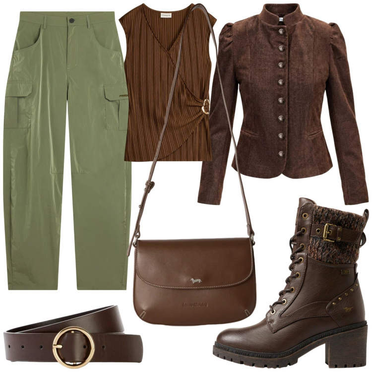 Outfit donna - Total look #2496483. Stile Military per Tutti i giorni. Abbinamento con blazer, borse a tracolla, pantaloni cargo, canottiere, stivaletti, cinture.
