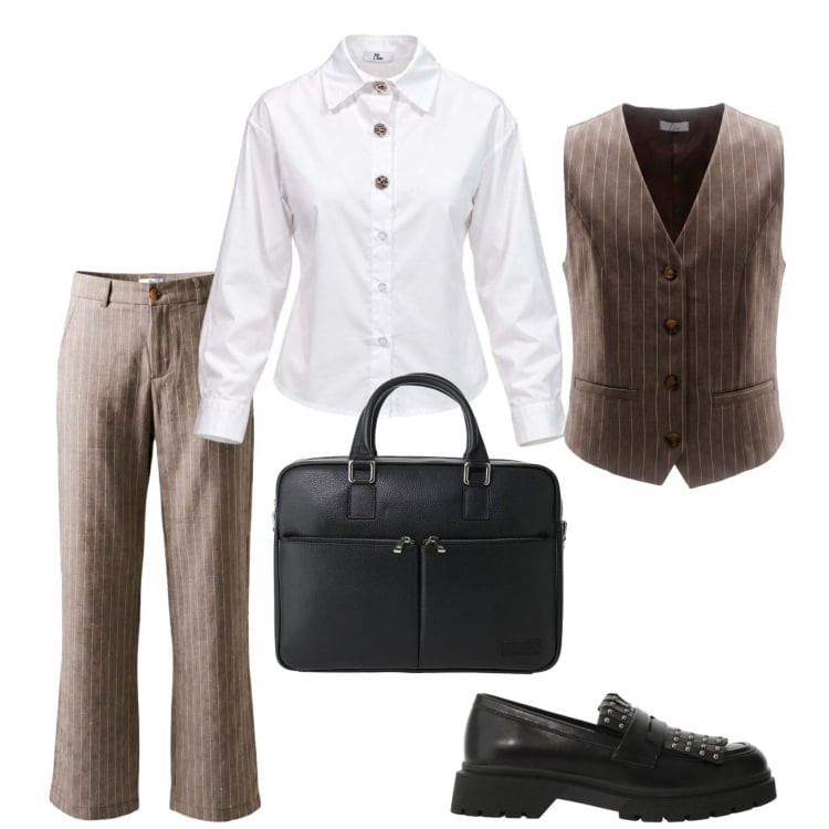 Outfit donna - Gessato in ufficio. Stile Glamour per Ufficio. Abbinamento con pantaloni, camicie, gilet, mocassini, borse messenger.