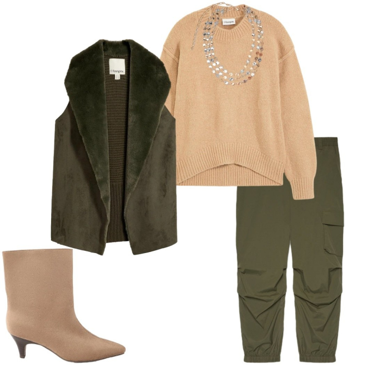 Outfit donna - Cargo pants. Stile Casual per Tutti i giorni. Abbinamento con pantaloni cargo, collane, piumini, maglieria, stivaletti.