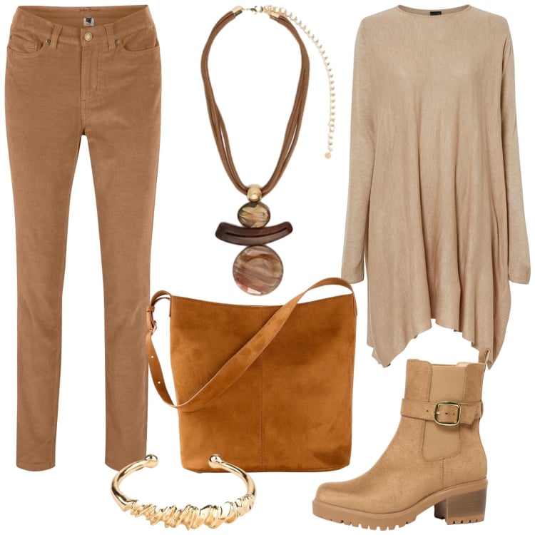 Outfit donna - Total look #2496488. Stile Casual chic per Scuola/Università. Abbinamento con ciondoli, maglieria, pantaloni, braccialetti, borse a mano, stivaletti.
