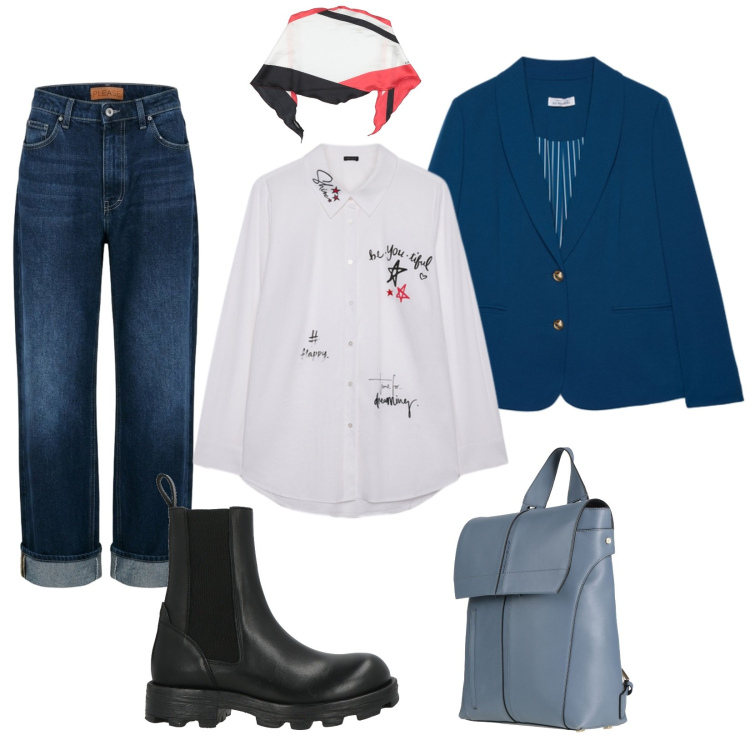 Outfit donna - Camicia ricamata. Stile Casual chic per Ufficio. Abbinamento con blazer, camicie, jeans dritti, zaini, stivaletti chelsea, stole.