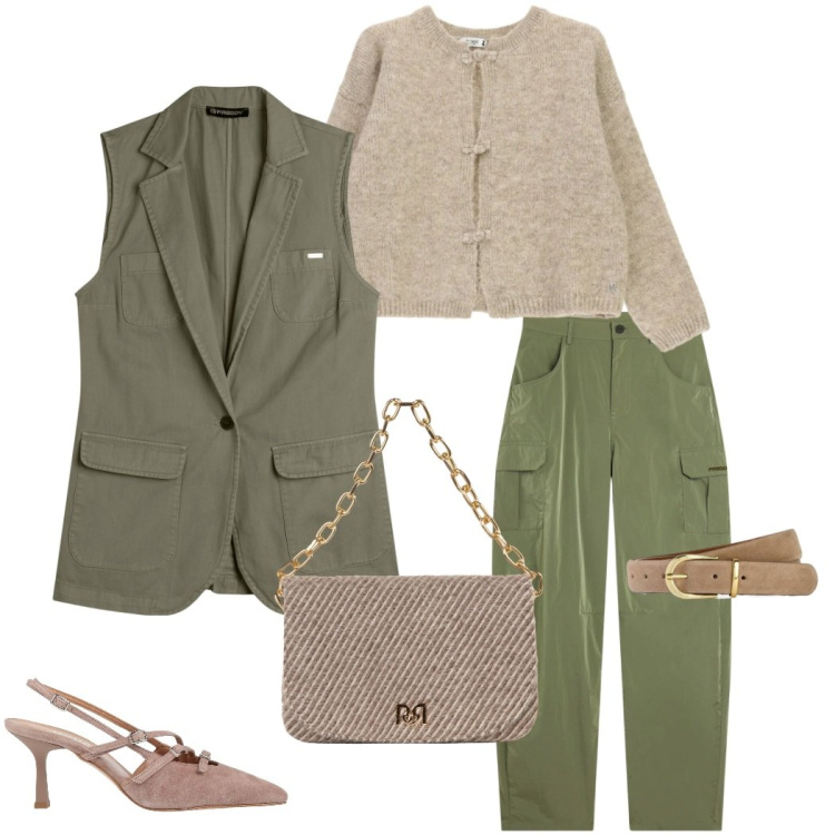 Outfit donna - Cargo pants. Stile Casual chic per Serata fuori. Abbinamento con cardigans, pantaloni cargo, gilet, borse a spalla, décolleté, cinture.