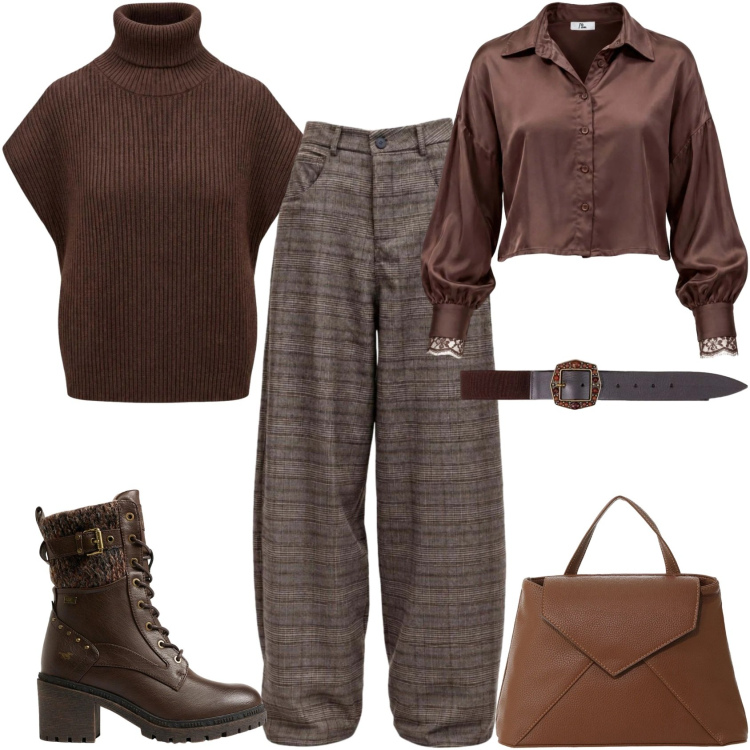 Outfit donna - Total look #2496491. Stile Casual chic per Ufficio. Abbinamento con pantaloni, camicie, cinture, maglieria, borse a mano, stivaletti.