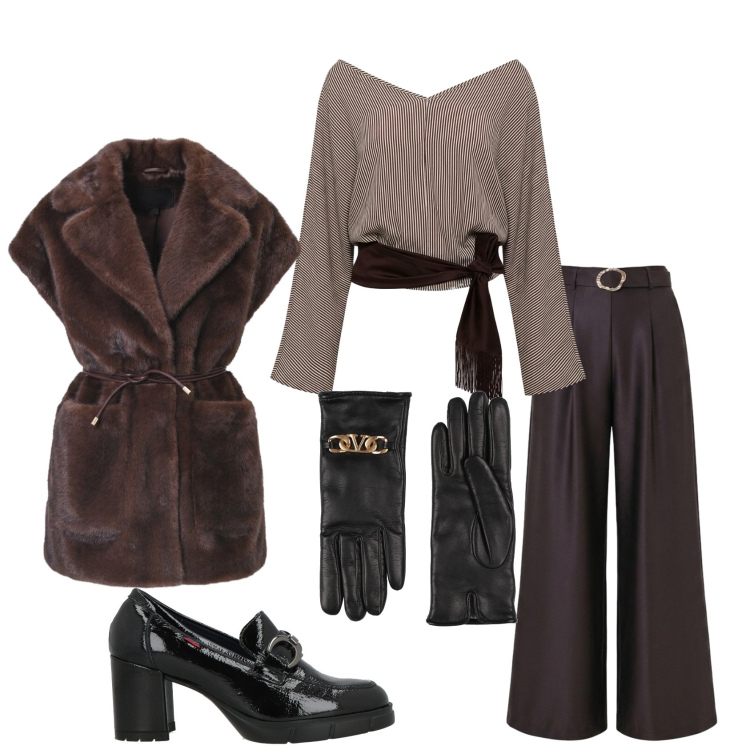 Outfit donna - Total look #2496492. Stile Glamour per Tutti i giorni. Abbinamento con top, pantaloni a palazzo, piumini, guanti, mocassini.