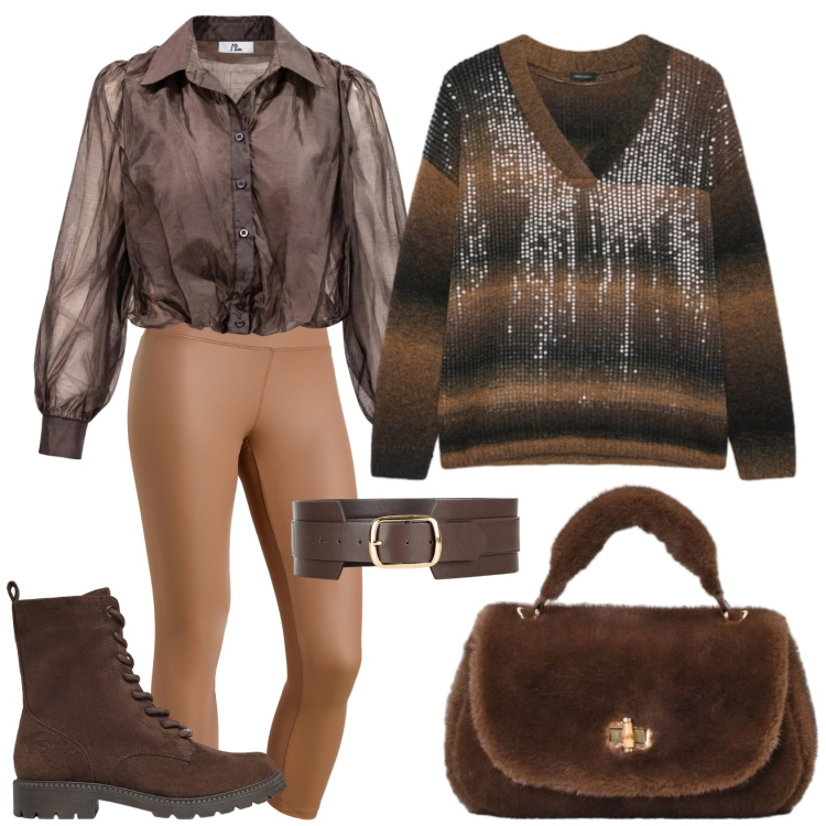 Outfit donna - Total look #2496493. Stile Casual chic per Ufficio. Abbinamento con camicie, maglieria, treggings, borse a mano, anfibi, cinture.