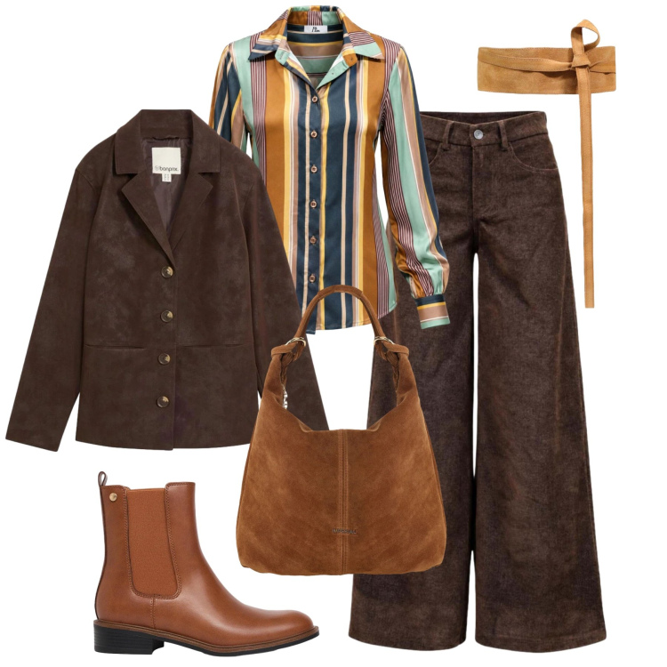 Outfit donna - 70s rivisitato. Stile 70s per Tutti i giorni. Abbinamento con pantaloni a palazzo, camicie, cinture, borse a spalla, blazer, stivaletti chelsea.
