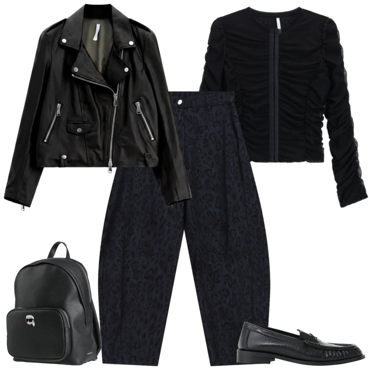Outfit donna - Total look #2496501. Stile Rock per Serata fuori. Abbinamento con jeans, mocassini, top, giacche, zaini.