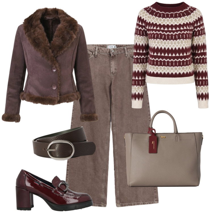 Outfit donna - Autunno in città. Stile Trendy per Tutti i giorni. Abbinamento con borse a mano, cinture, jeans dritti, blazer, maglieria, mocassini.