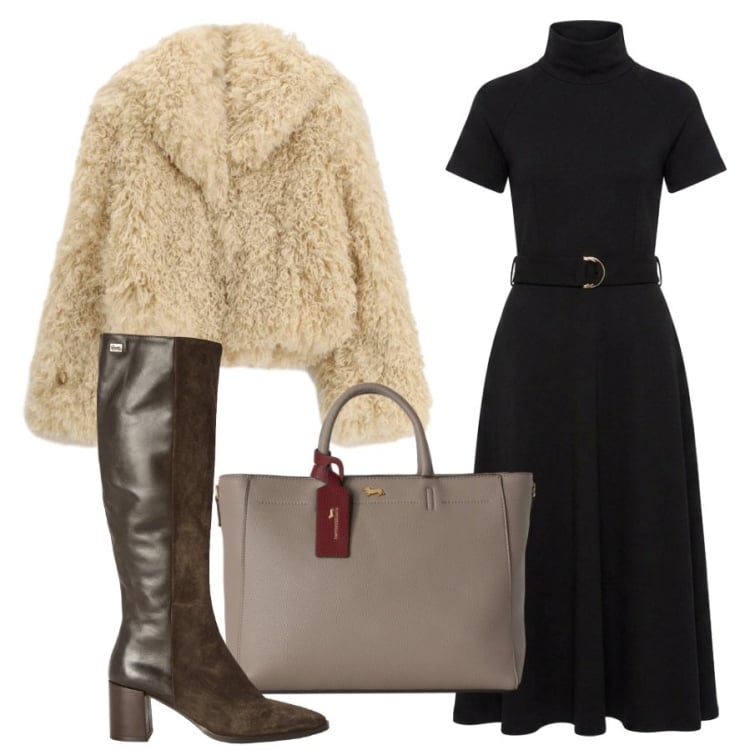 Outfit donna - Abito a collo alto. Stile Trendy per Ufficio. Abbinamento con vestiti midi/longuette, borse a mano, stivali, ecopellicce.