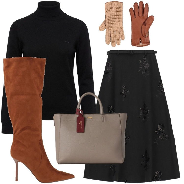 Outfit donna - L'eleganza del dolcevita. Stile Chic per Ufficio. Abbinamento con pullovers, borse a mano, gonne lunghe, stivali, guanti.