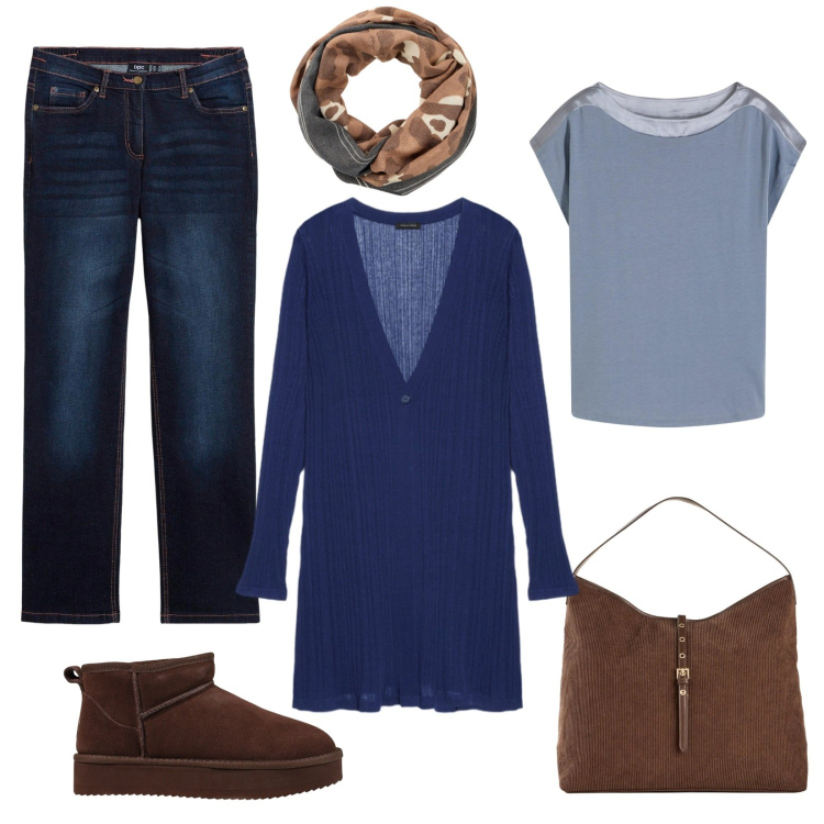 Outfit donna - Basta poco. Stile Casual per Tutti i giorni. Abbinamento con stivaletti, blazer, shopping bag, jeans dritti, bluse, foulard.